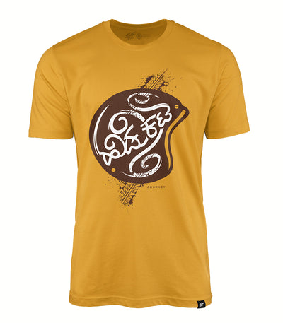 Brown color round neck t shirt with Kannada hand written font about travel printed on it.