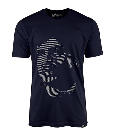 Dark blue color round neck t shirt with hand drawn illustration of Kannada actor Vishnuvardhan printed on it.
